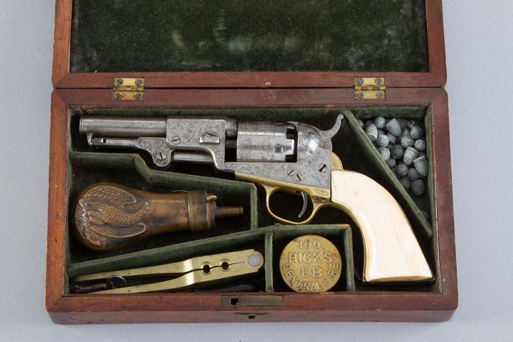 Antique cased Colt, Model 1849, 5-shot Revolver, .31 Caliber, SN 139590, all matching numbers, 4" ba