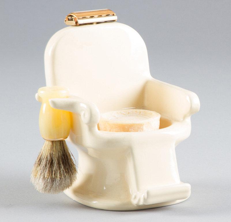 Unique and very unusual porcelain Shaving Stand shaped like a barber chair, 6" T x 5" W, will be acc