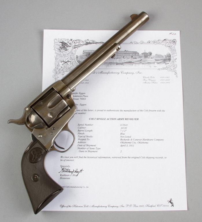 Oklahoma shipped, Colt, Single Action Army Revolver. Confirmed by the factory letter, SN 315641 is a