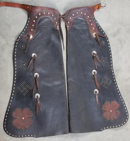 Outstanding pair of spotted two-tone leather Bat Wing Chaps marked "Victor Ario Saddlery Co., Great