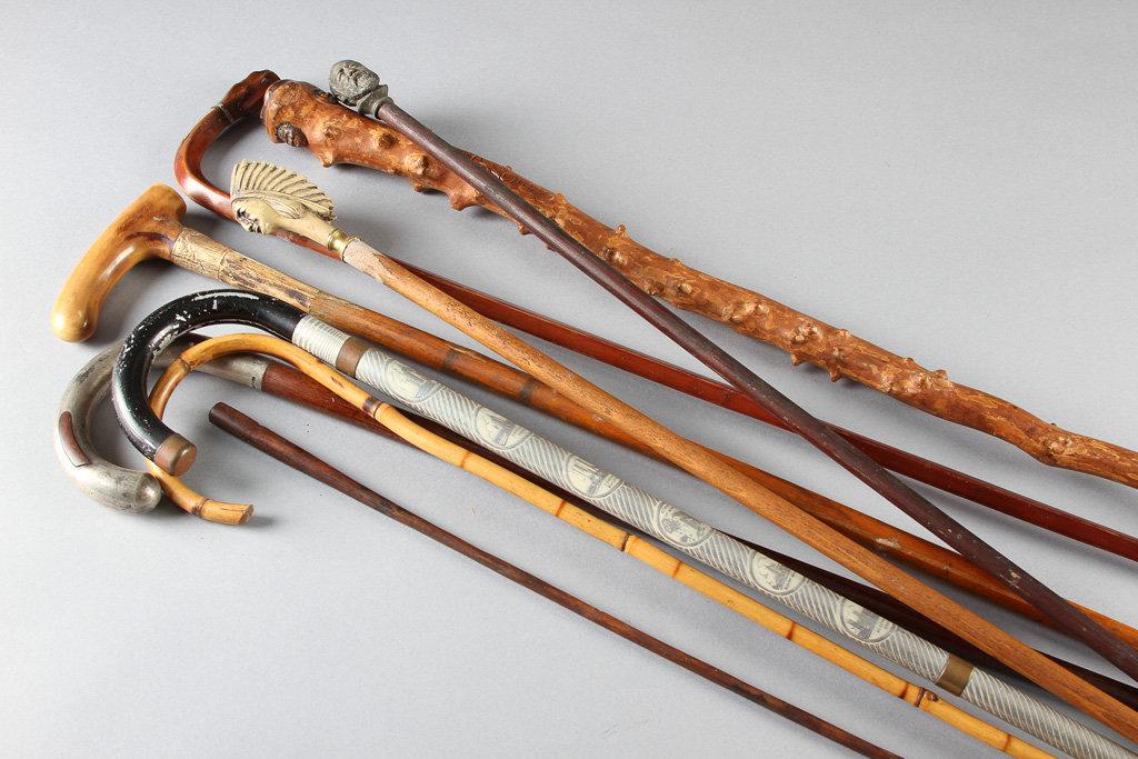 This lot consists of seven Walking Sticks and two wooden Blackboard Pointers, totaling nine pieces: