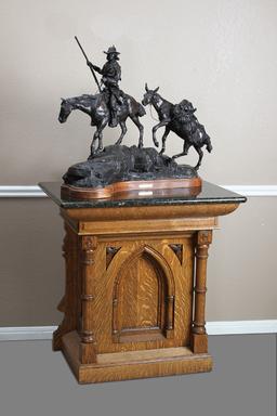 Ornate antique oak Bronze Pedestal with custom polished granite top, circa 1915, top measures 36" W