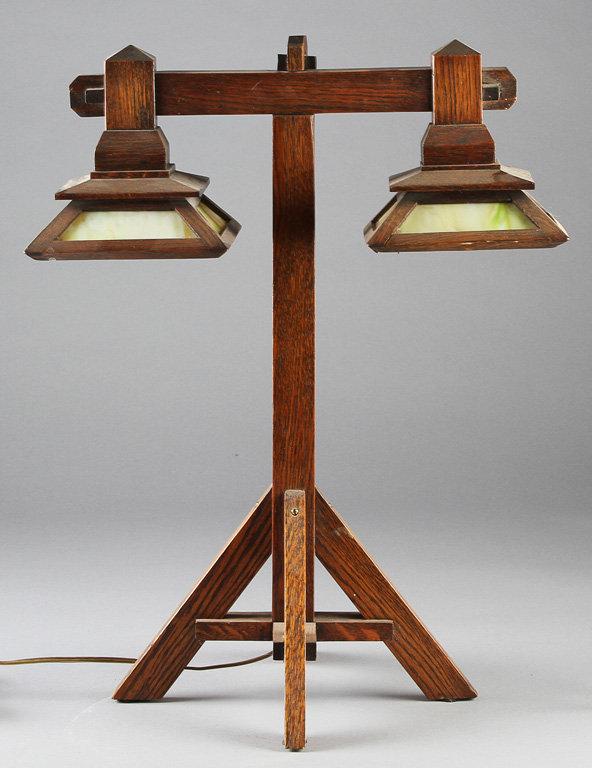 Unique antique, Mission oak,  double Desk Lamp with wooden & stained glass, 7" shades, 24 1/2" T x 1