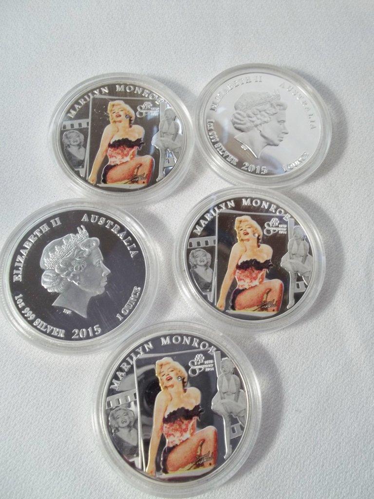 5 Silver Plated 1 Ounce 999 Silver 2015 Australia Marilyn Monroe Anniversary Coins 1926-2011
