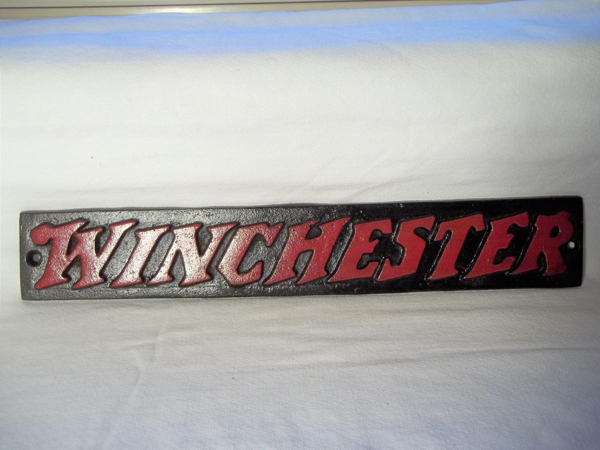 Long Cast Iron Winchester Sign Plaque Mounts To Wall Or Display Cabinet