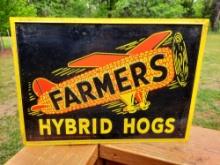 Old Tin Metal Embossed Farmers Hybrid Hogs Sign