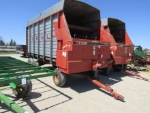 1668. 317-617, GEHL 970 6 FT. FORAGE BOX ON MEYERS TANDEM AXLE WAGON, EXT.