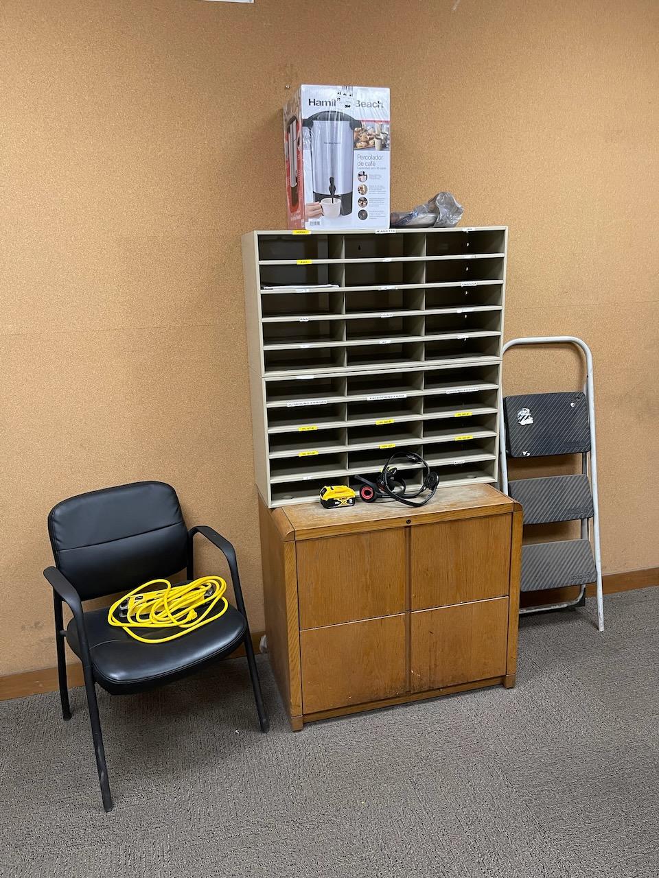 ACE Office & Contents - Desk, chairs, dry erase board, ladder, file cabinet, storage bins, utility c