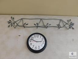 Framed Farmhouse Picture, Metal Plate Rack, Clock, and Mirror