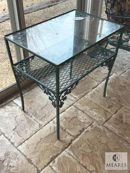 Vintage Glass Top Metal Patio Table with Wire Shelf
