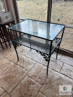 Vintage Glass Top Metal Patio Table with Wire Shelf