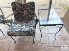 Vintage Metal Patio Chair with Cushion and Glass Top Table