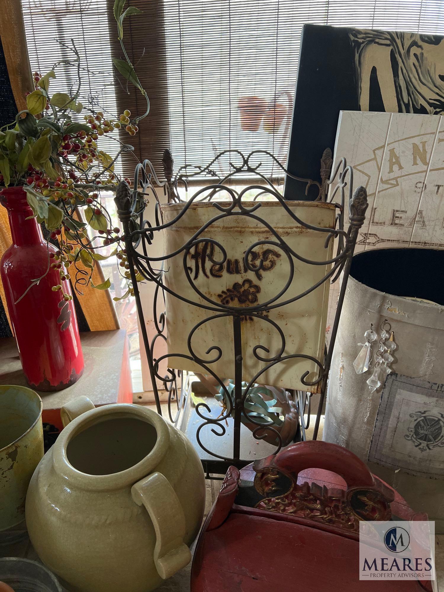Lot of Patio Items - Including Metal Rack, Topiary, Vases