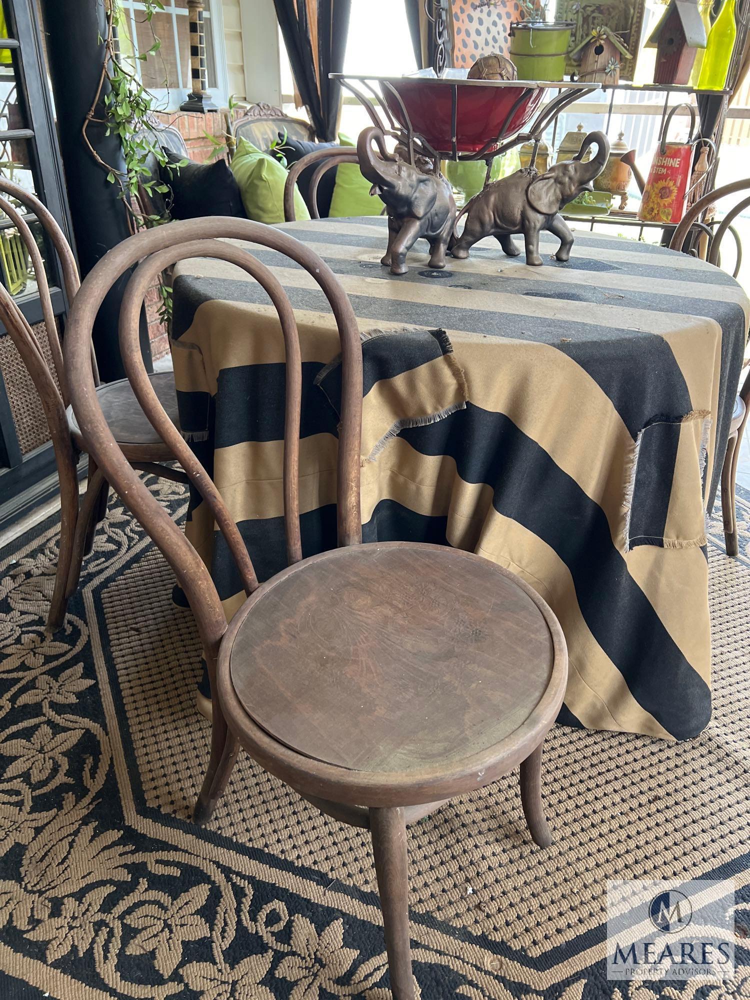 Wooden Patio Table and Chairs, with Elephant Basket and Rug
