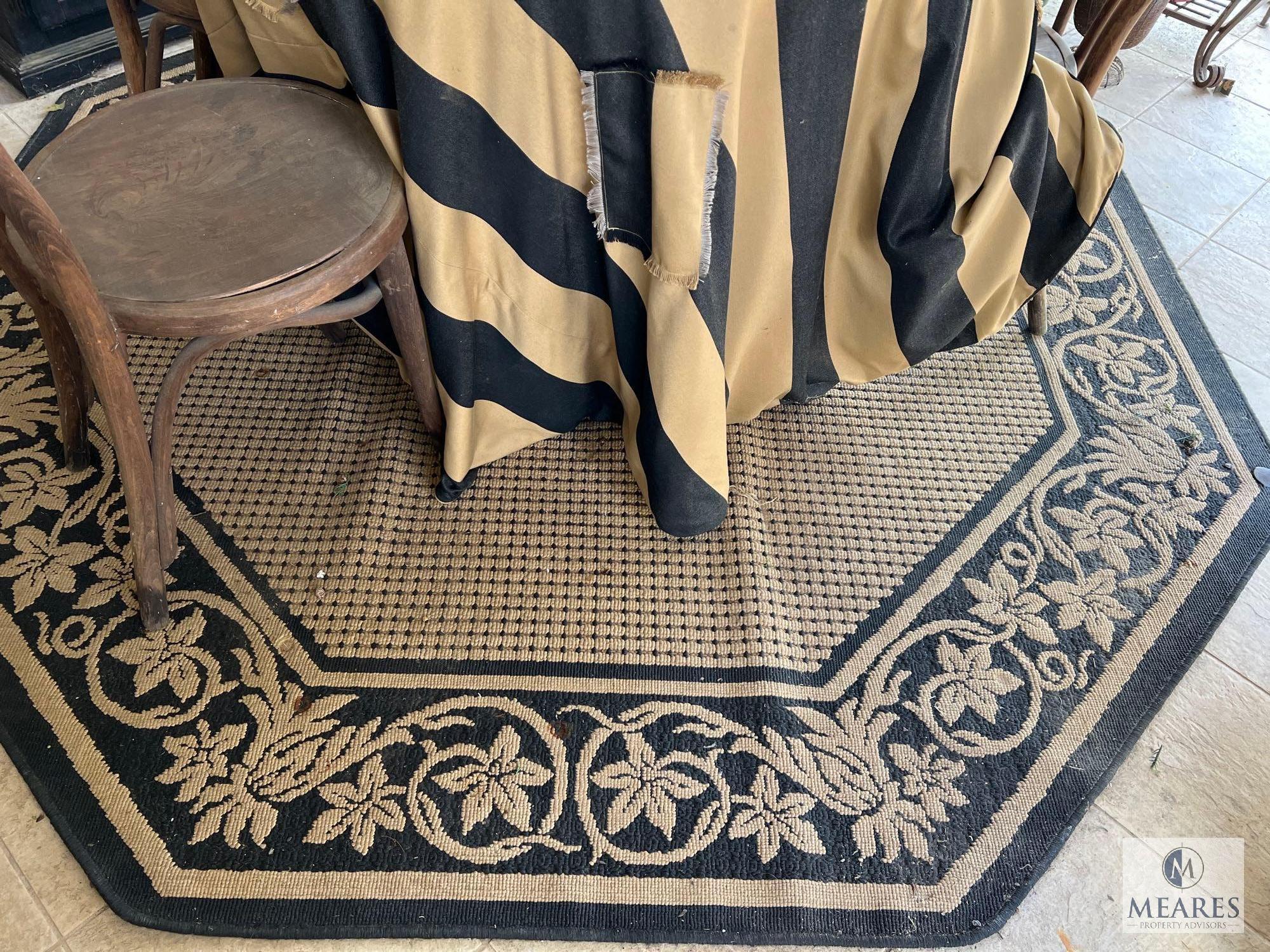 Wooden Patio Table and Chairs, with Elephant Basket and Rug