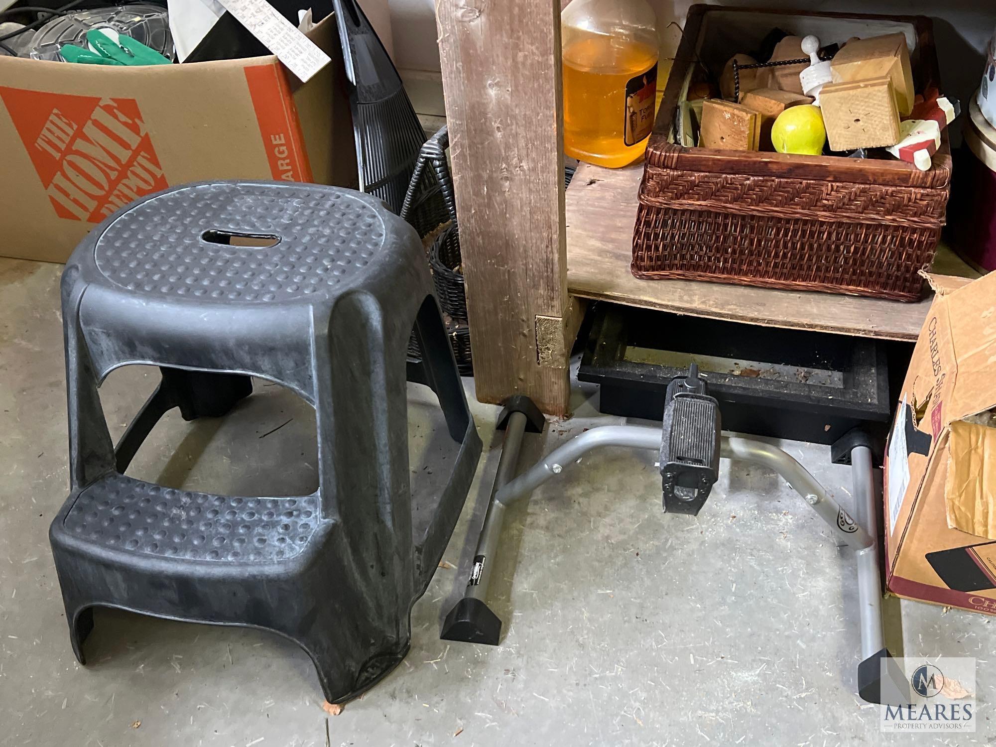 Contents of Shelf and Table in Garage - Stool, Tools, Craft Supplies