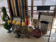 Lot of Patio Items - Including Metal Rack, Topiary, Vases