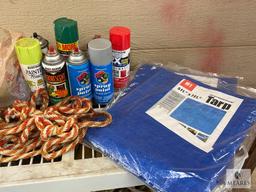 Shelf Unit and Contents - Tarps, Jumper Cables, Spray Paint