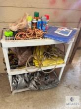 Shelf Unit and Contents - Tarps, Jumper Cables, Spray Paint