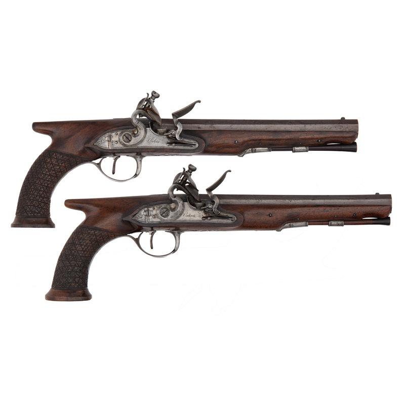 Cased Set of Saw Handle Flintlock Dueling Pistols by Oakes of London