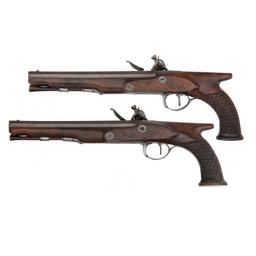 Cased Set of Saw Handle Flintlock Dueling Pistols by Oakes of London