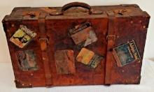 Antique 1800s Leather Suitcase Luggage Tourist Sticker Travel Train Case Prop Decor