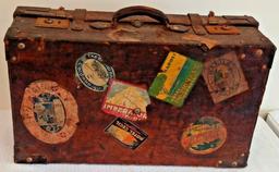 Antique 1800s Leather Suitcase Luggage Tourist Sticker Travel Train Case Prop Decor