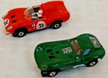 2 Vintage Aurora Slot Car Pair HO Scale Cheetah Red Green TJET Alfa Romeo 1960s Toys