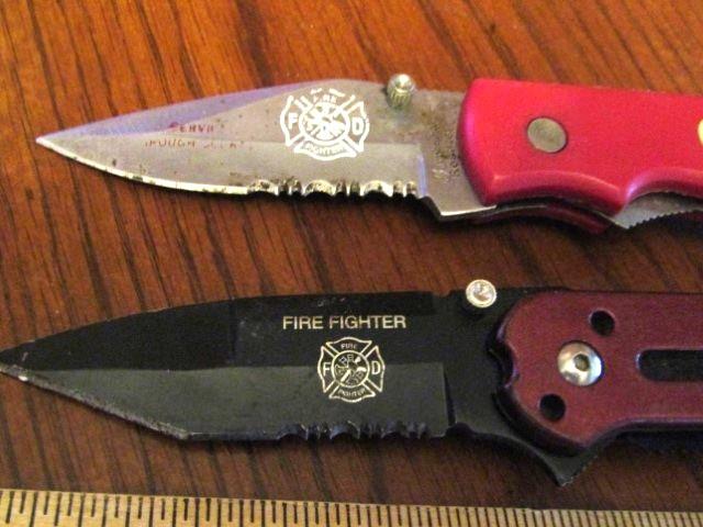 2 Firefighter Themed Folding Knives W/ Belt Clips