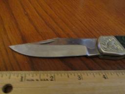 Large Folding Pocket Knife W/ Marbled Handles And Fancy Metal Work