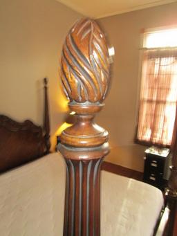 Dark Wood 4-Poster Bed Scalloped Columns, Pinecone Finials, Acanthus Leaf Carved Motif