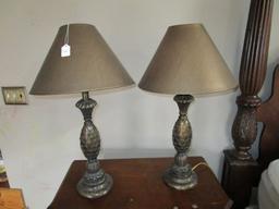 Pair - Brass Patina Lamps Pineapple Design, Scalloped Top/Base w/ Shade