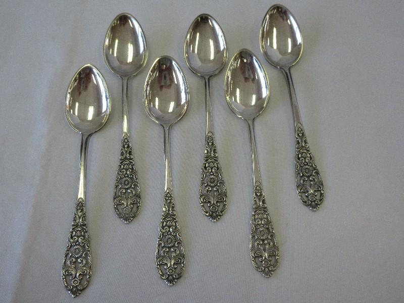 6 Sterling N.M. Demitasse Spoons w/ Ornate Pierced Scrollwork & Floral Handles