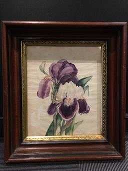 Hand Painted Watercolor Bell Flowers in Vintage/Gilded Wooden Frame/Wood Matt