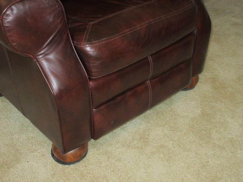 Ashley Furniture Transitional Modern Leather Recliner Rolled Arm on Wooden Bun Feet