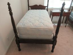 Early Solid Mahogany Twin Size Federal Style 4 Poster Bed Carved Foliage Post w/Pine Side Rails