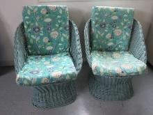 Pair Wicker Mid Century Modern Chairs w/Cushions