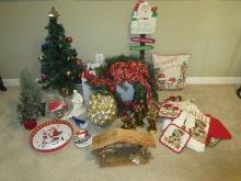 Lot Christmas Decoration 34" Fiber Optic Tree, Brandy Snifter Glass w/Ornaments, Happy