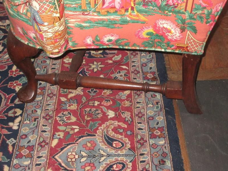 Refined Queen Anne Style Wingback Chair on Mahogany Legs w/Chinoiserie Courtyard Scene