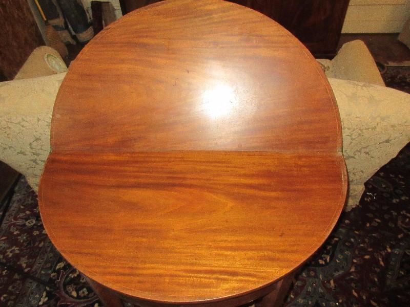 Crotch Mahogany Demi-Lune Console Banquet End Flip Top Table Marquetry Inlay on Tapered