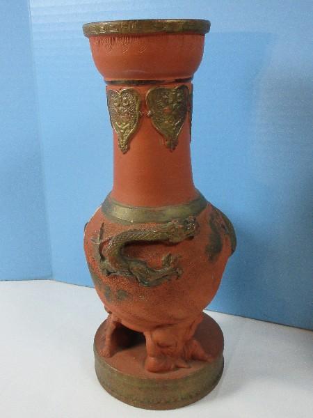 Pair Japanese Terra Cotta Red Yixing Type Molded 12" Vase Supported by 3 Figures on Low