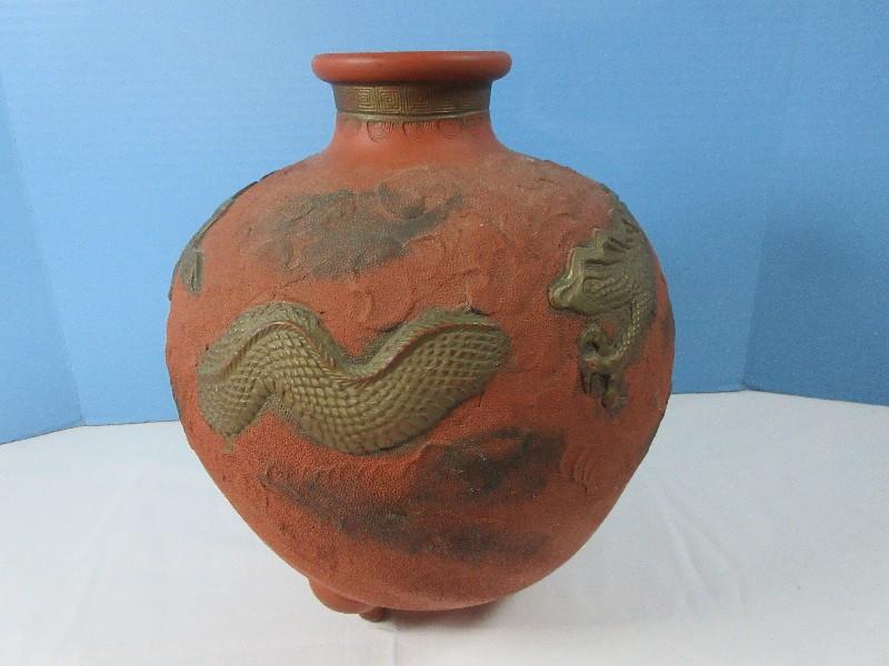Early Japanese Terra Cotta Red Relief Gilted Dragon in The Clouds 3 Toed Bulbous Vase Jar- 12"H