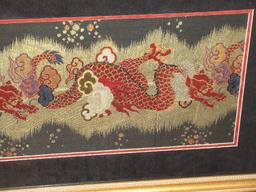 Striking Chinese Dragons Textile in Antique Gilt Patina Beaded Trim Frame/Mat-40 3/4" x 22"