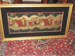 Striking Chinese Dragons Textile in Antique Gilt Patina Beaded Trim Frame/Mat-40 3/4" x 22"