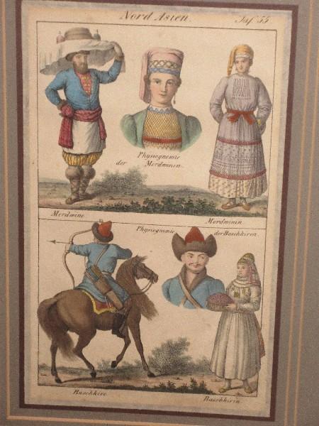 Antique Germany Hand-Colored Lithograph Nord Asten Costumes of Mordovians & Bashkir