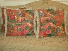 Set of 4 Chinoiserie Chinese Garden/Courtyard Scene Fringe Accent Pillows w/Feathers Filling