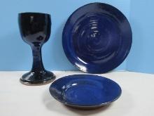 3pc Artisan Pottery Pamela Kolker Camp & Sarah Laughed Cobalt Blue Chalice 7 3/4" Goblet &