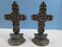 Pair Cast Iron Ornately Adorned Celtic Cross 7 1/2" Bookends Antiqued Patina
