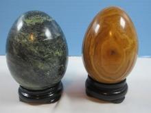 2 Awesome Large Polished Agate Ornamental Stone Eggs w/Stands Brown Colors 5" on Stand