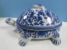 2pc Semi Porcelain Blue/White Figural Turtle Covered Dish Flowering Foliage Vine Design